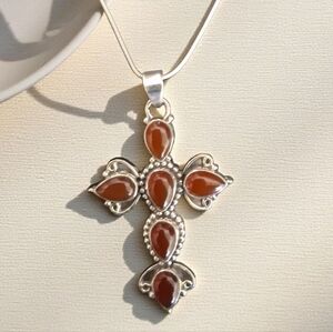 CARNELIAN CROSS PENDANT 925 STERLING SILVER